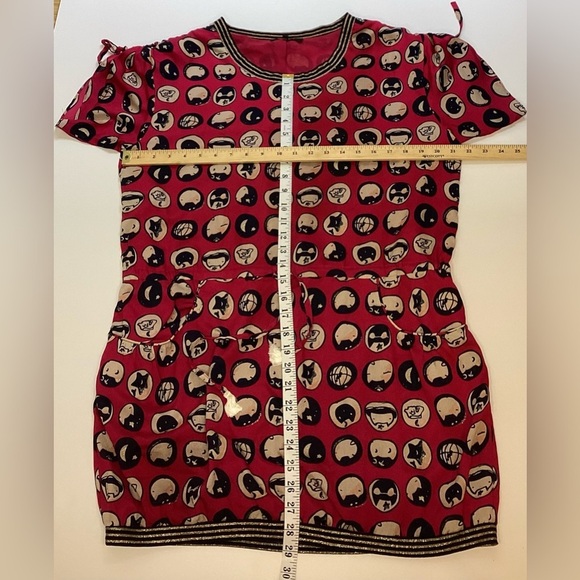 Anna Sui silk, lined dress, with drawstring waist, red with cream/black/silver. - Picture 7 of 15